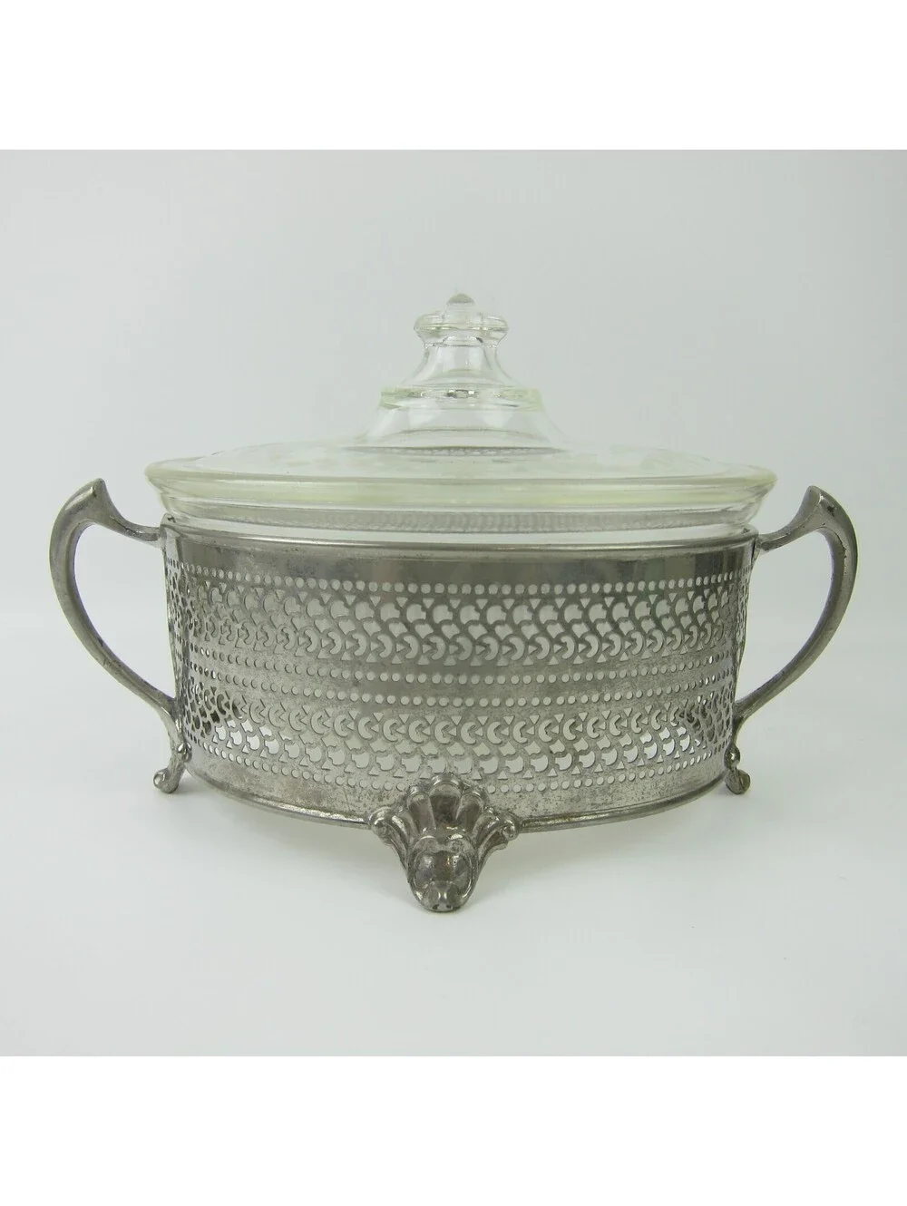 Vintage PYREX Covered Casserole Dish Floral Etched Lid Mara Silver Metal Stand